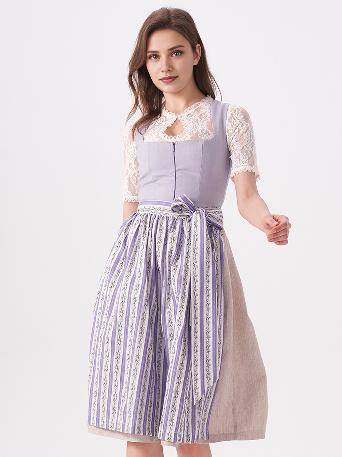 Dirndl in beige-braun mit floralen Details