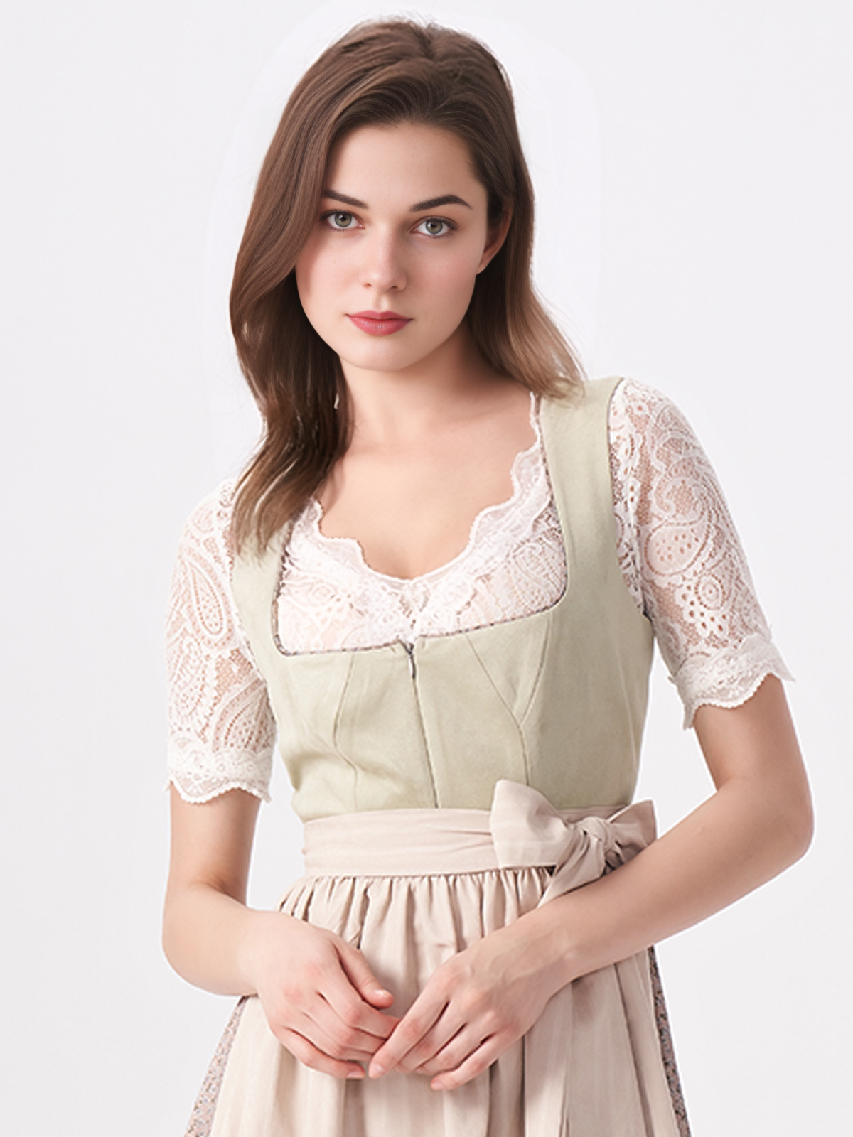 Ein dunkelblaues Dirndl mit floralen Details und weißer Bluse